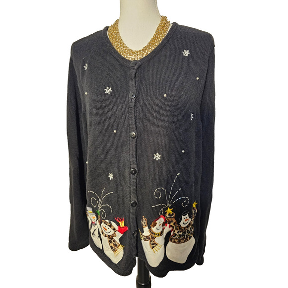 Classic Elements Womens Black Button Up Cardigan Holiday Snowman Size XL 18 - Picture 1 of 7